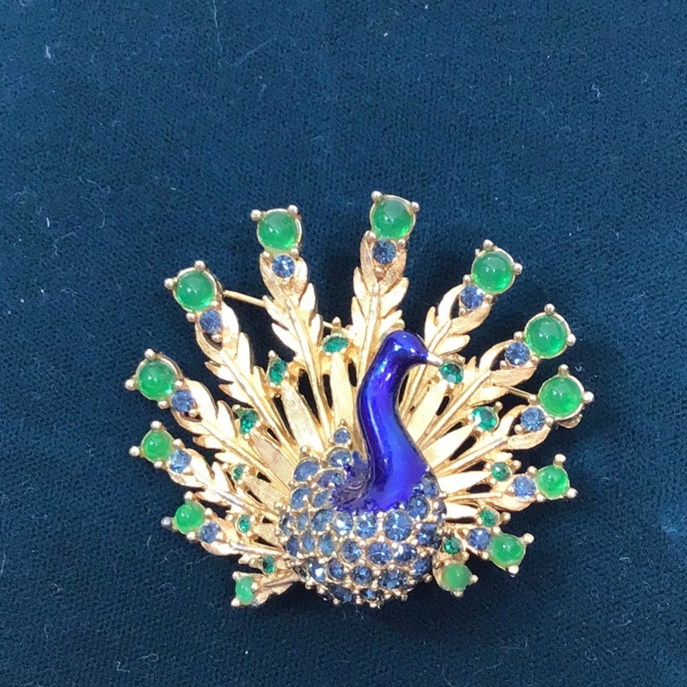 Marcel Boucher signed Gold, blue, green Peacock Brooch vintage designer